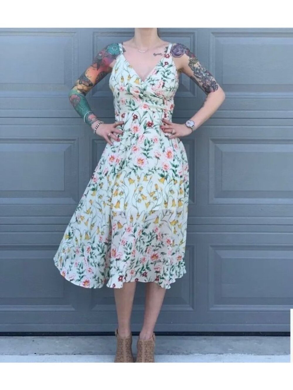 Ali and Jay Rose Colored Glasses Floral Fit Flare Midi Sundress Ivory Large